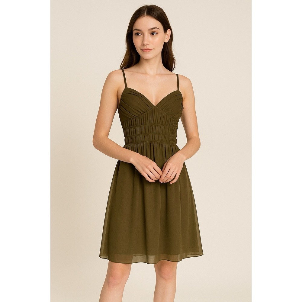 Vtg Y2K Necessary Objects Olive Green Ruched Dress Sz Xs Punk‎ Fairy Grunge